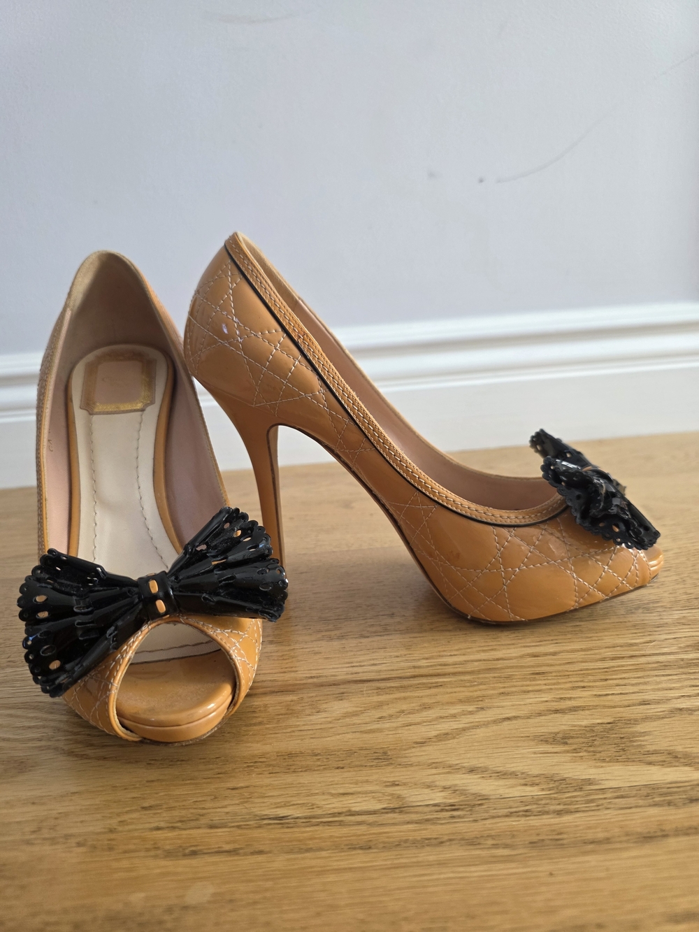 Dior Quilted Tan Patent Peep-Toe Heels with Black Bow